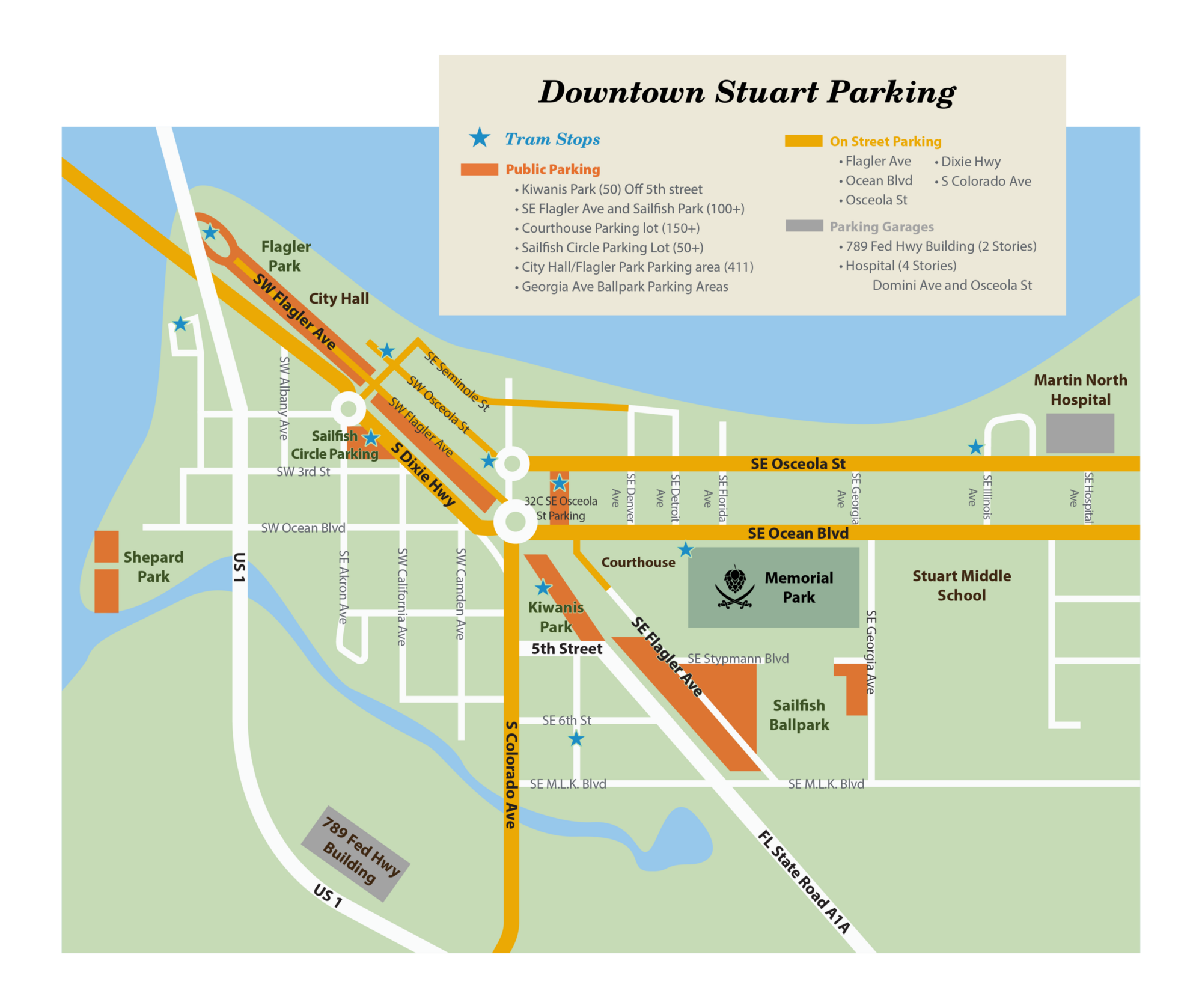 TCBF parking and venue layout map showing parking zones and event area at Stuart Memorial Park